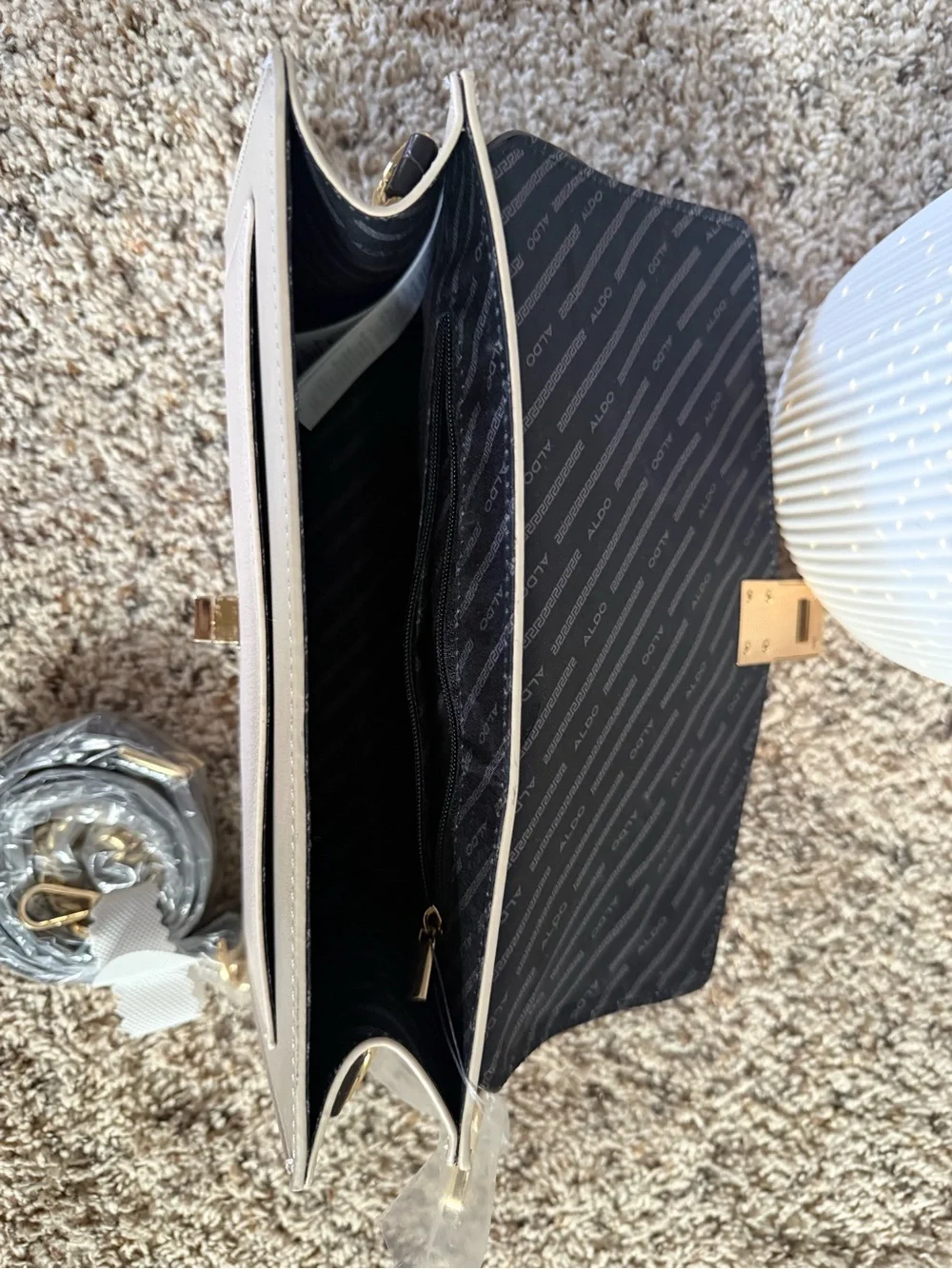 ALDO Black Croc-Texture & Cream Top Handle Satchel with Gold Chain